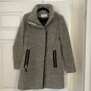 Calvin Klein Grey Wool Blend Winter Coat with Leather Accents